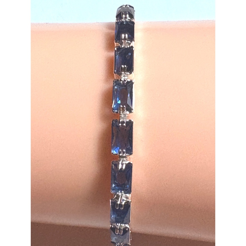 Silver Tone Emerald Cut Sapphire Blue CZ Tennis Link Bracelet 7.25 Inch